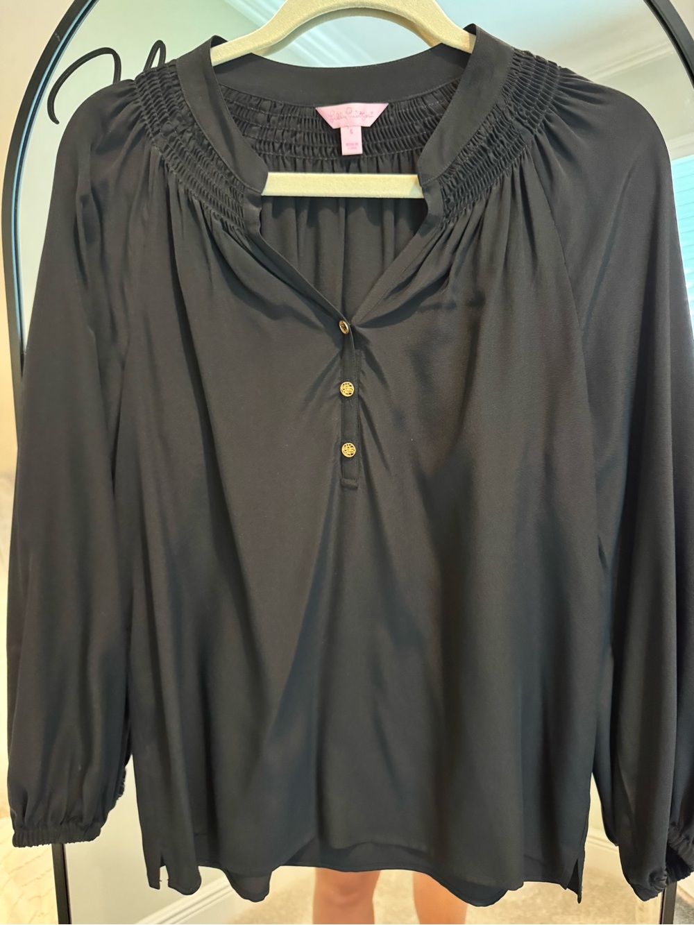 Black Smocked-Neck Blouse with Gold Buttons